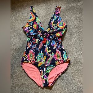 Women’s ANNE COLE Navy Colorful Floral One Piece Swimsuit sz 16